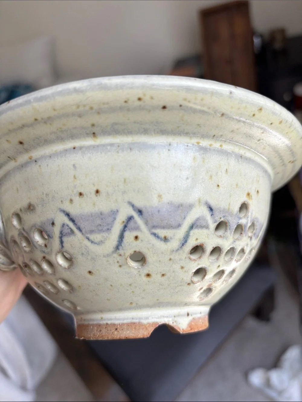 Handmade Ceramic Berry Bowl - Light Cream with Blue Accents
